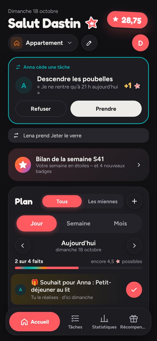 À gauche le mode sombre, à droite le mode enfants avec ses grandes cartes.