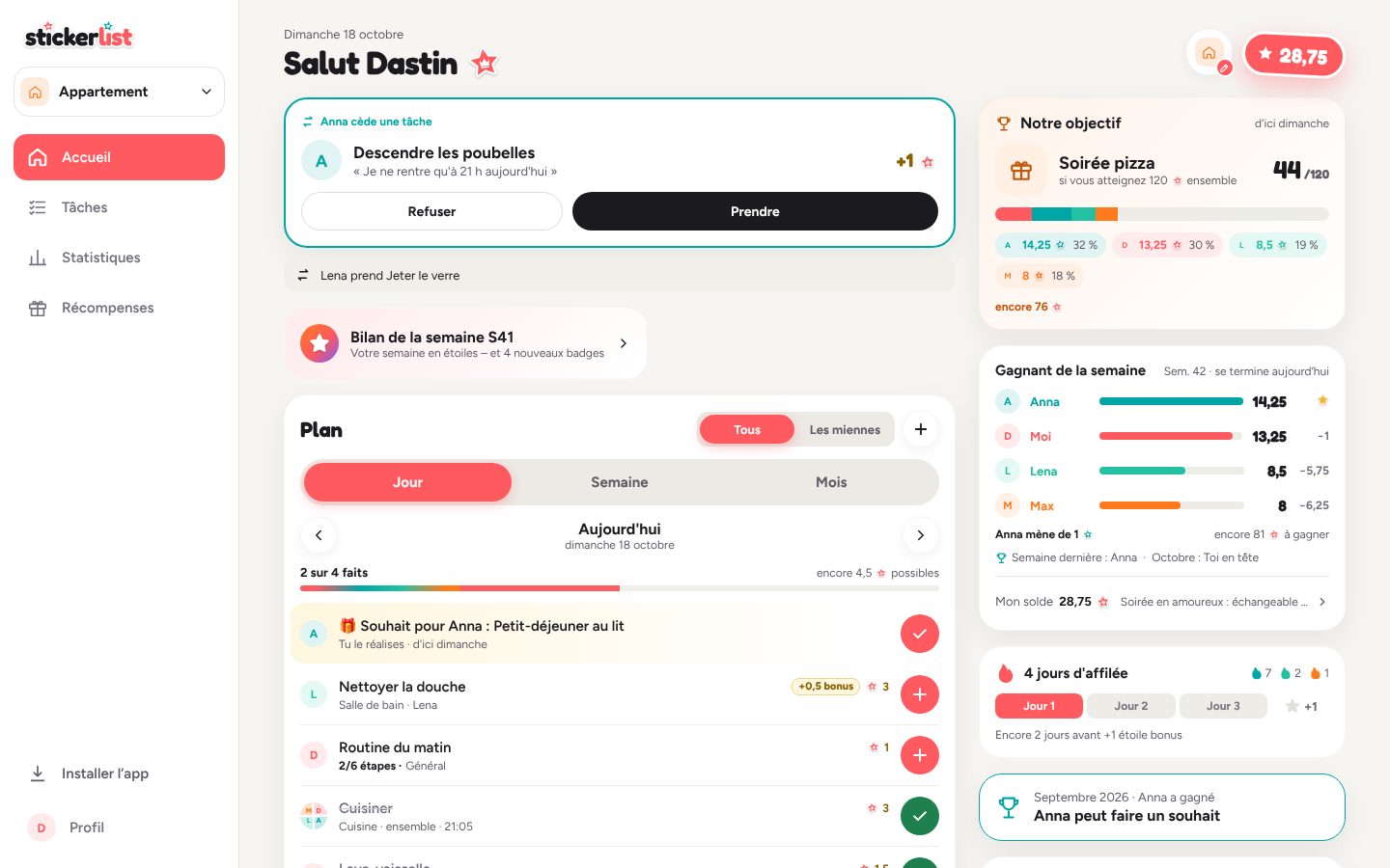 Dans le navigateur sur Mac : plan, objectif commun et gagnant de la semaine côte à côte.