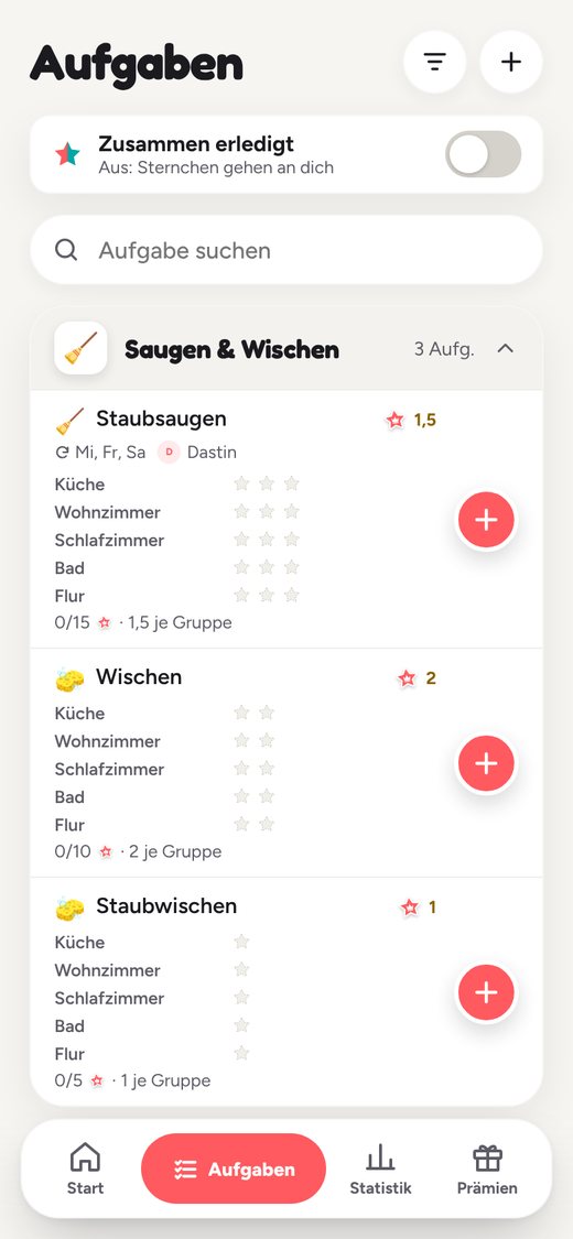 Links der Start mit dem Plan für heute, rechts alle Aufgaben mit den Stickern der Woche.