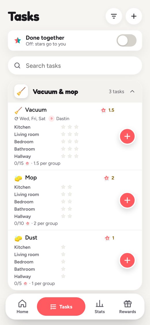 Left: the home screen with today’s plan. Right: all tasks with this week’s stickers.