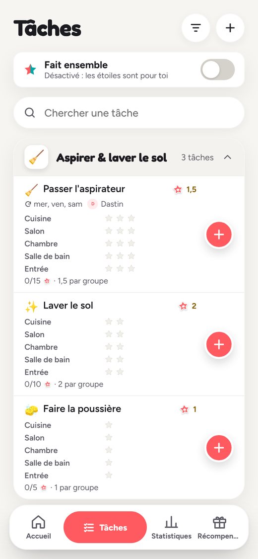 À gauche, l’accueil avec le plan du jour ; à droite, toutes les tâches avec les stickers de la semaine.