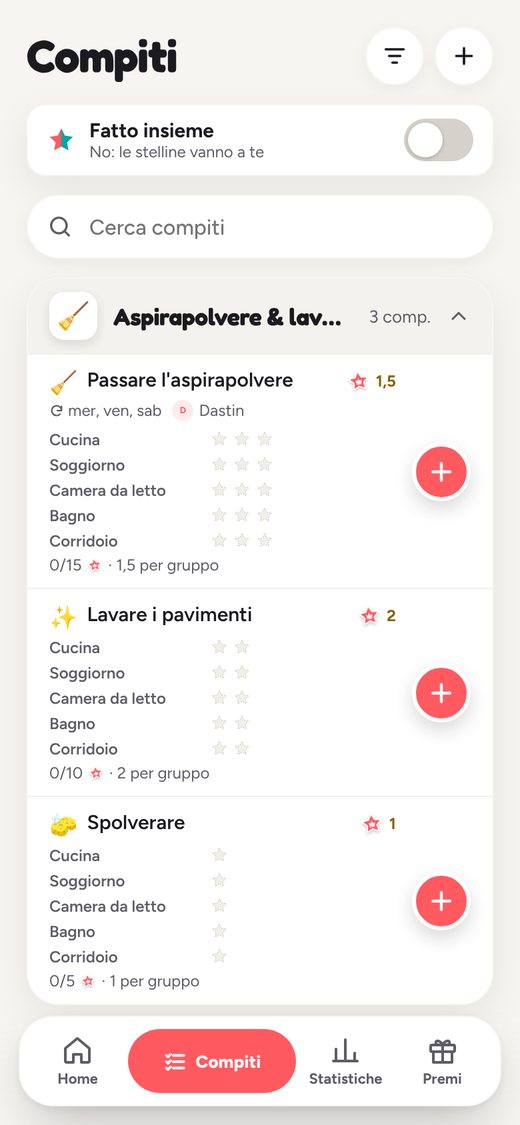 A sinistra la home con il piano di oggi, a destra tutte le attività con gli sticker della settimana.