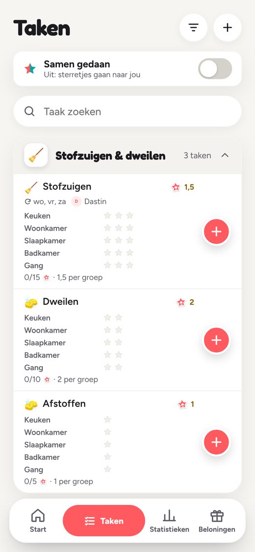 Links het startscherm met het plan voor vandaag, rechts alle taken met de stickers van de week.