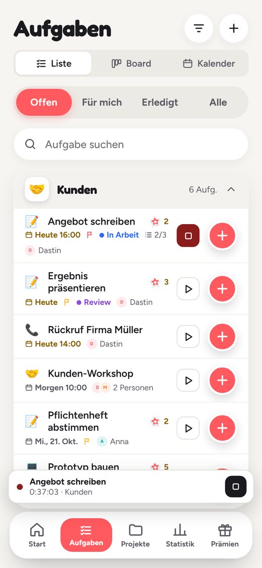 Der Timer sitzt direkt an der Aufgabe. Die Leiste unten zeigt, was gerade läuft.