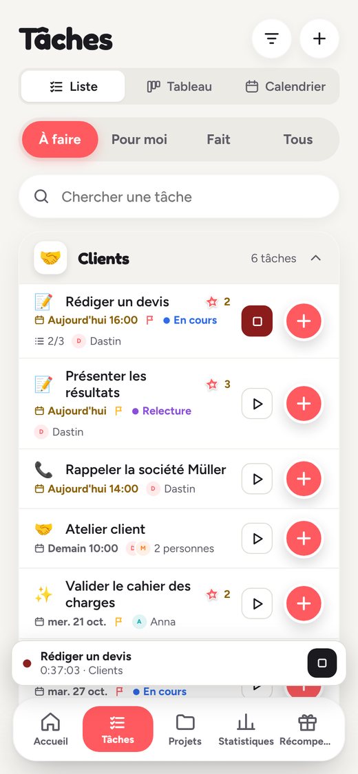 Le minuteur est directement sur la tâche. La barre en bas montre ce qui tourne.