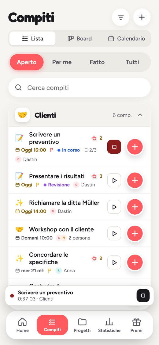 Il timer è direttamente sull’attività. La barra in basso mostra cosa sta andando.
