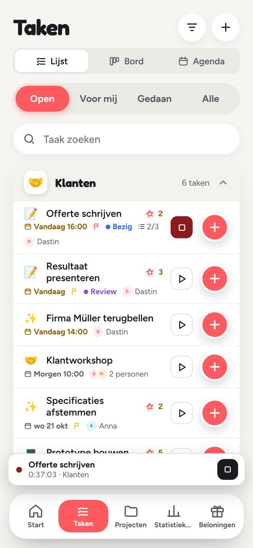 De timer zit direct bij de taak. De balk onderaan laat zien wat er loopt.