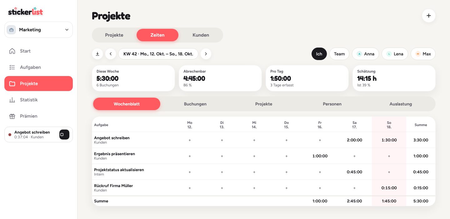 Projekte › Zeiten: das Wochenblatt mit Summen pro Tag und Aufgabe.