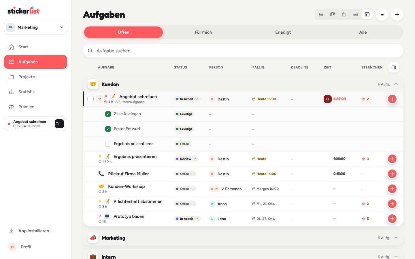 Tabelle mit aufgeklappten Unteraufgaben, Deadline- und Zeit-Spalte.