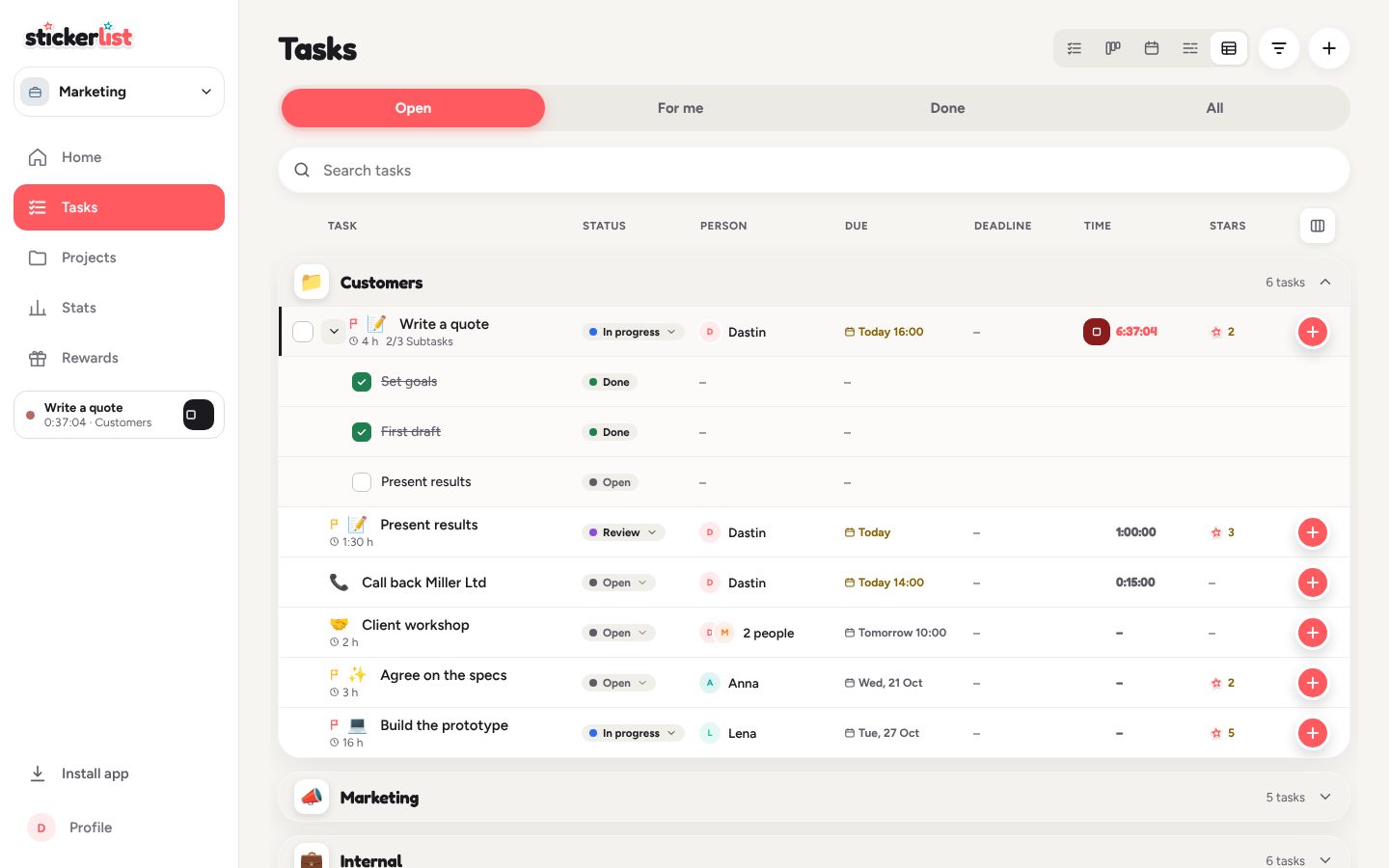 Table with expanded subtasks, deadline and time columns.