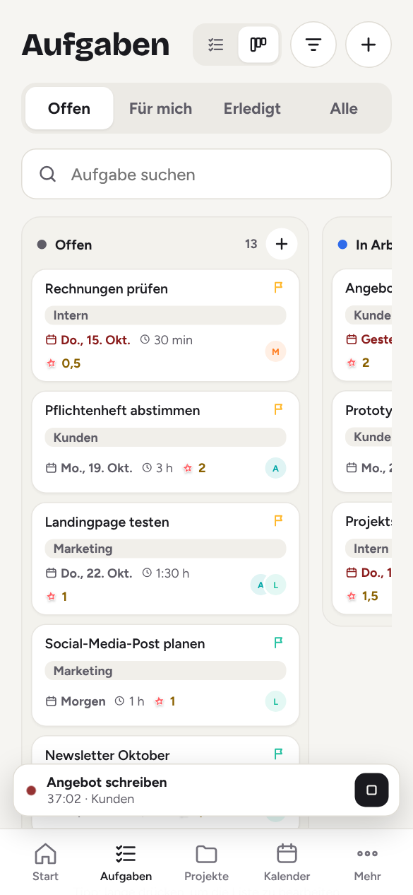 Projekte, Board, Zeitleiste