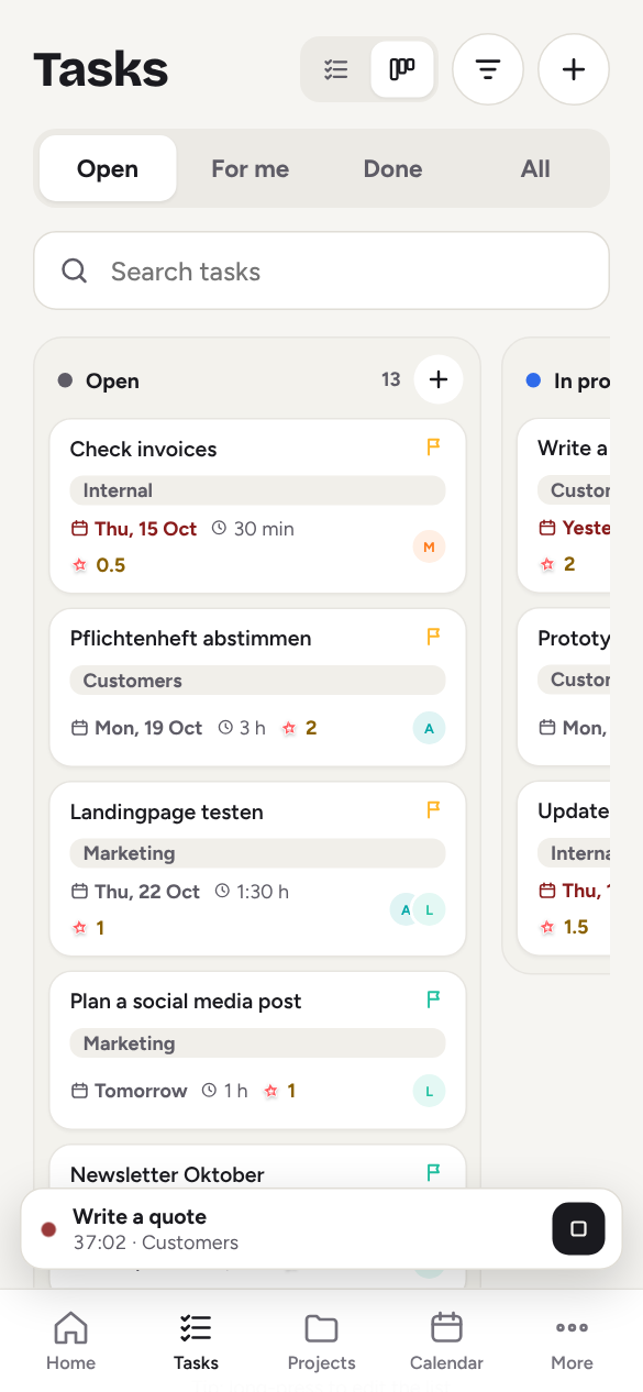 Projects, board, timeline